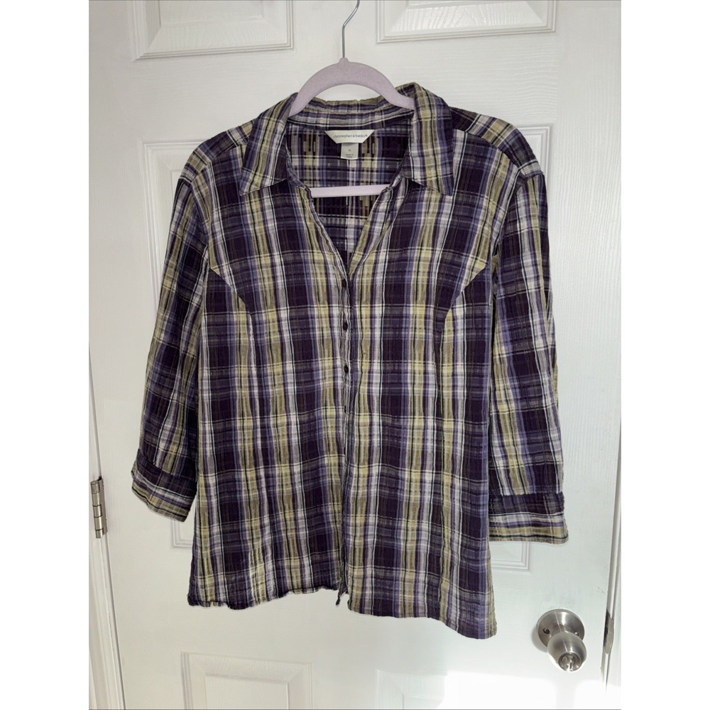 CJ Banks Womens XL Shirt Plaid Purple Yellow 3/4 Sleeve Roll Tab Collared Button